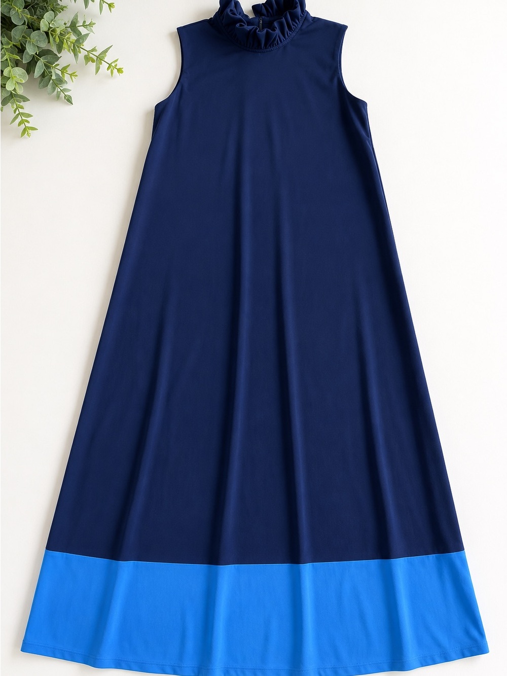 Jude Connally Navy Maxi Dress with Bright Blue Hem and Ruffle Neck